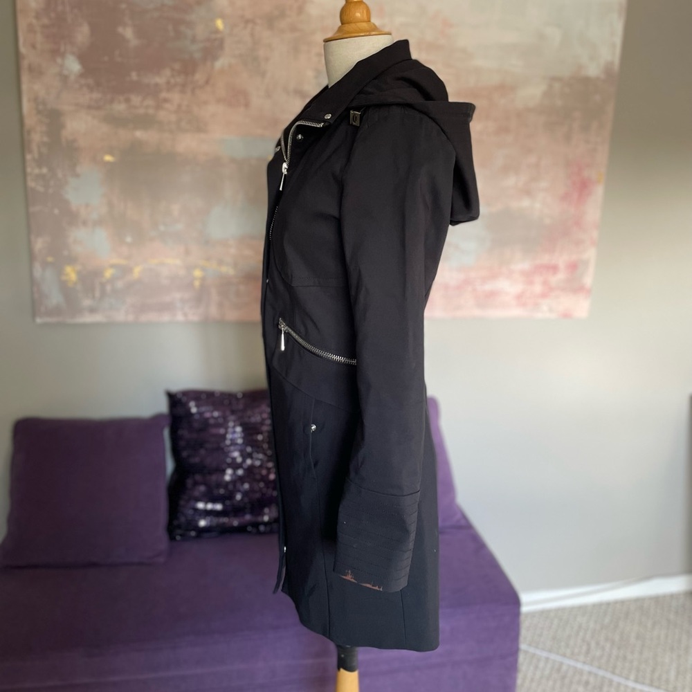 Karl Lagerfeld Paris black trench coat, removable hood & silver hardware size XS - Picture 15 of 17